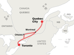 Route map of VIA Rail’s Corridor train from Toronto to Quebec City