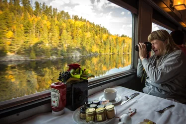 Woman takes photograph out window from a VIA rail dining table