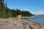 Trees along rocky lookout point facing cove in Irving Nature Park