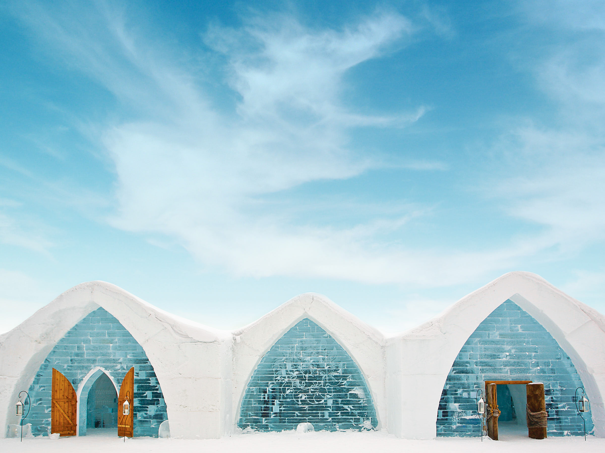 Three archways of the Ice Hotel at Village Vacances Valcartier