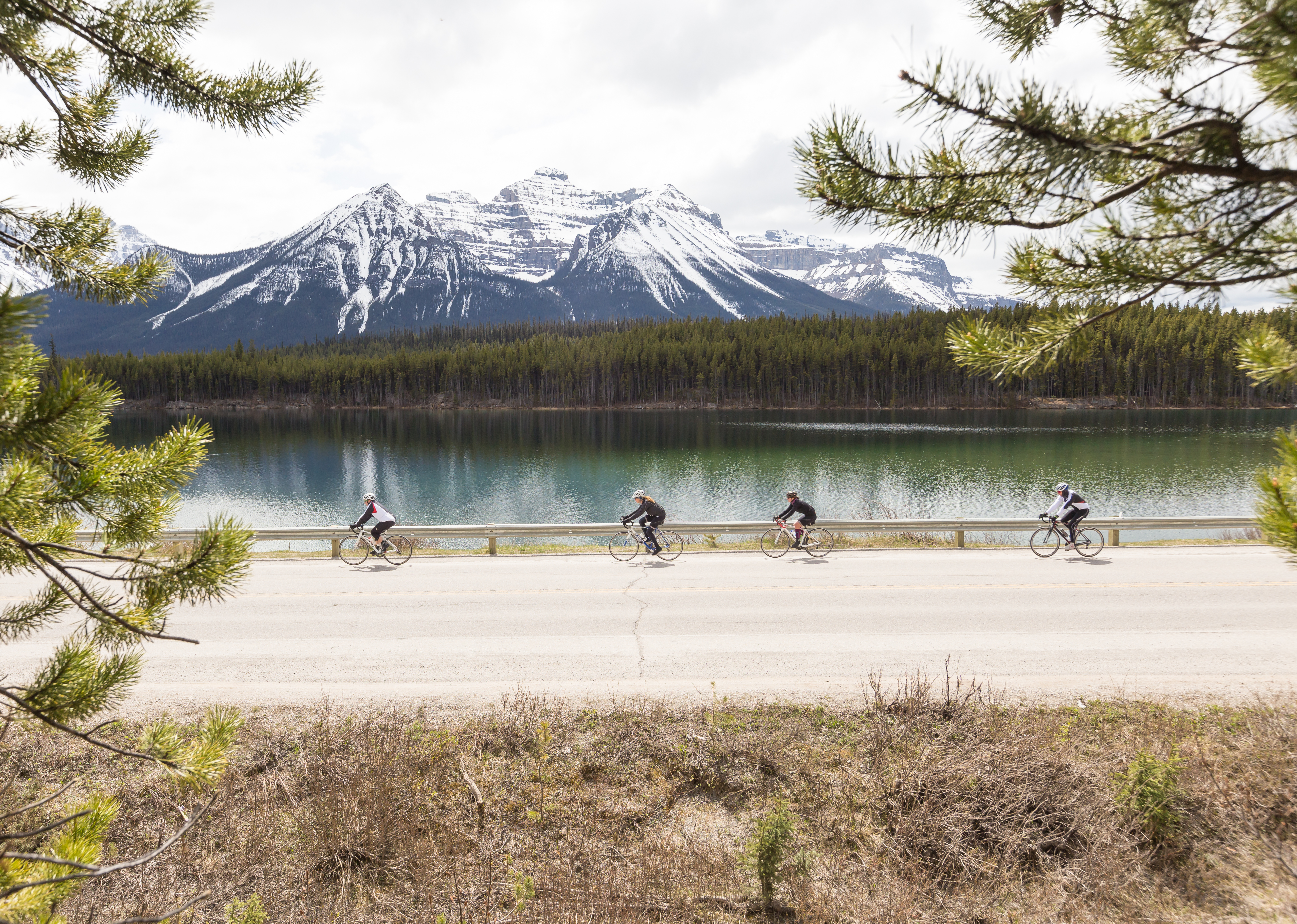 Four cyclers ride past by Herbert Lake and mountains partially covered in snow