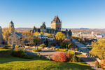 View of Chateau Frontenac, historic buildings and fall colours in Quebec City 