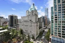Exterior view of the Fairmont Hotel Vancouver and downtown Vancouver