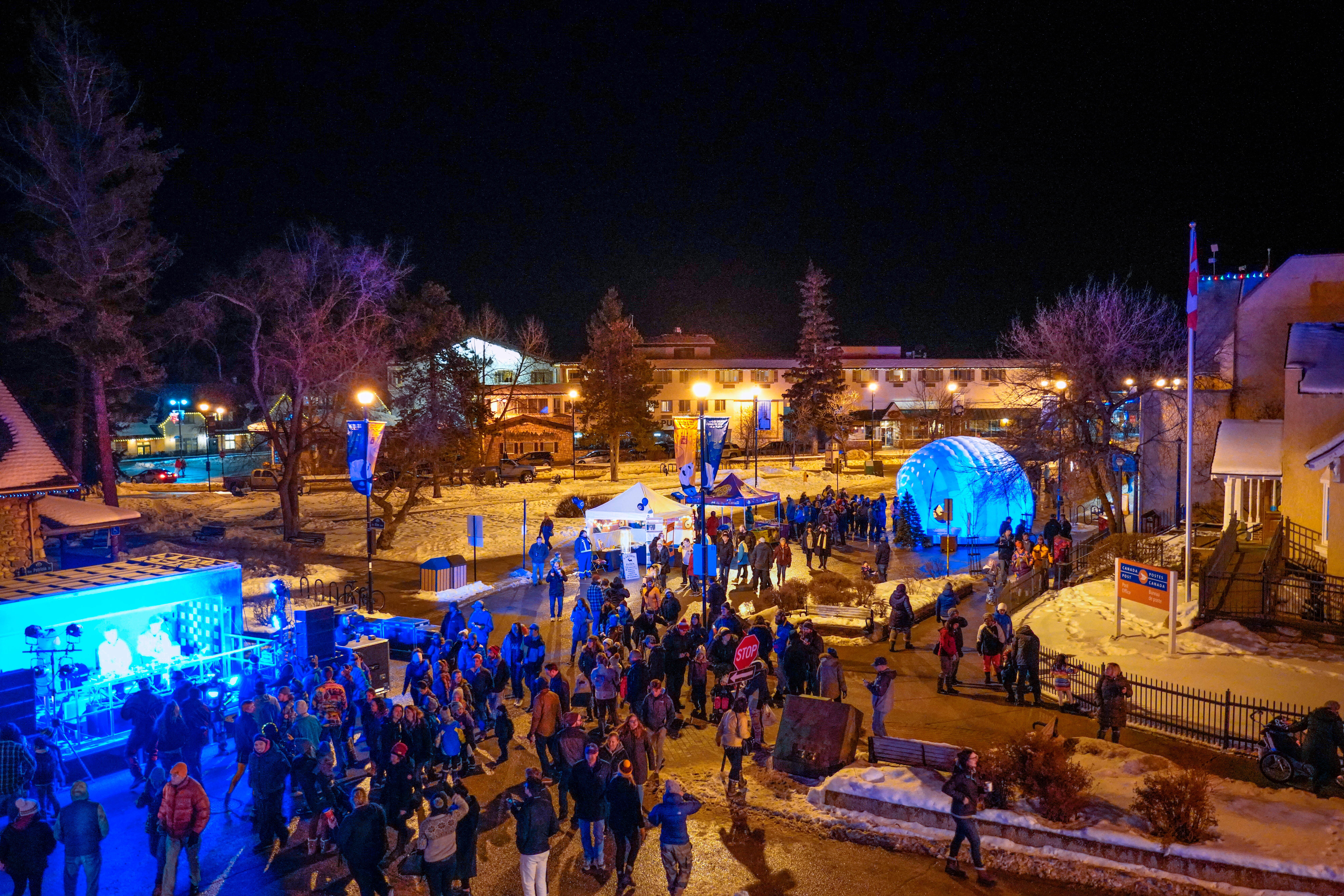 People at a street party during the winter festival Jasper in January