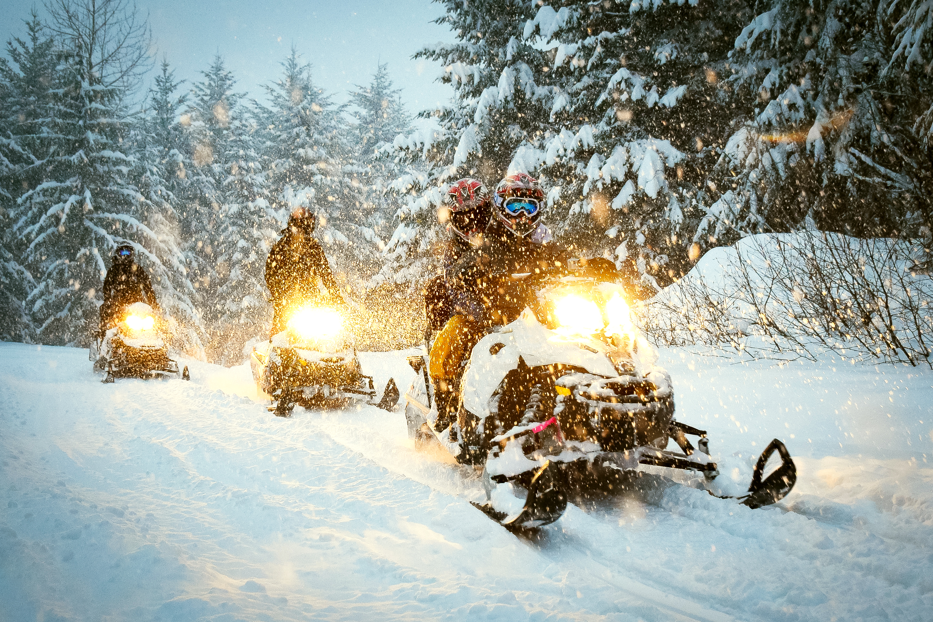snowmobilers riding through blizzard in forest