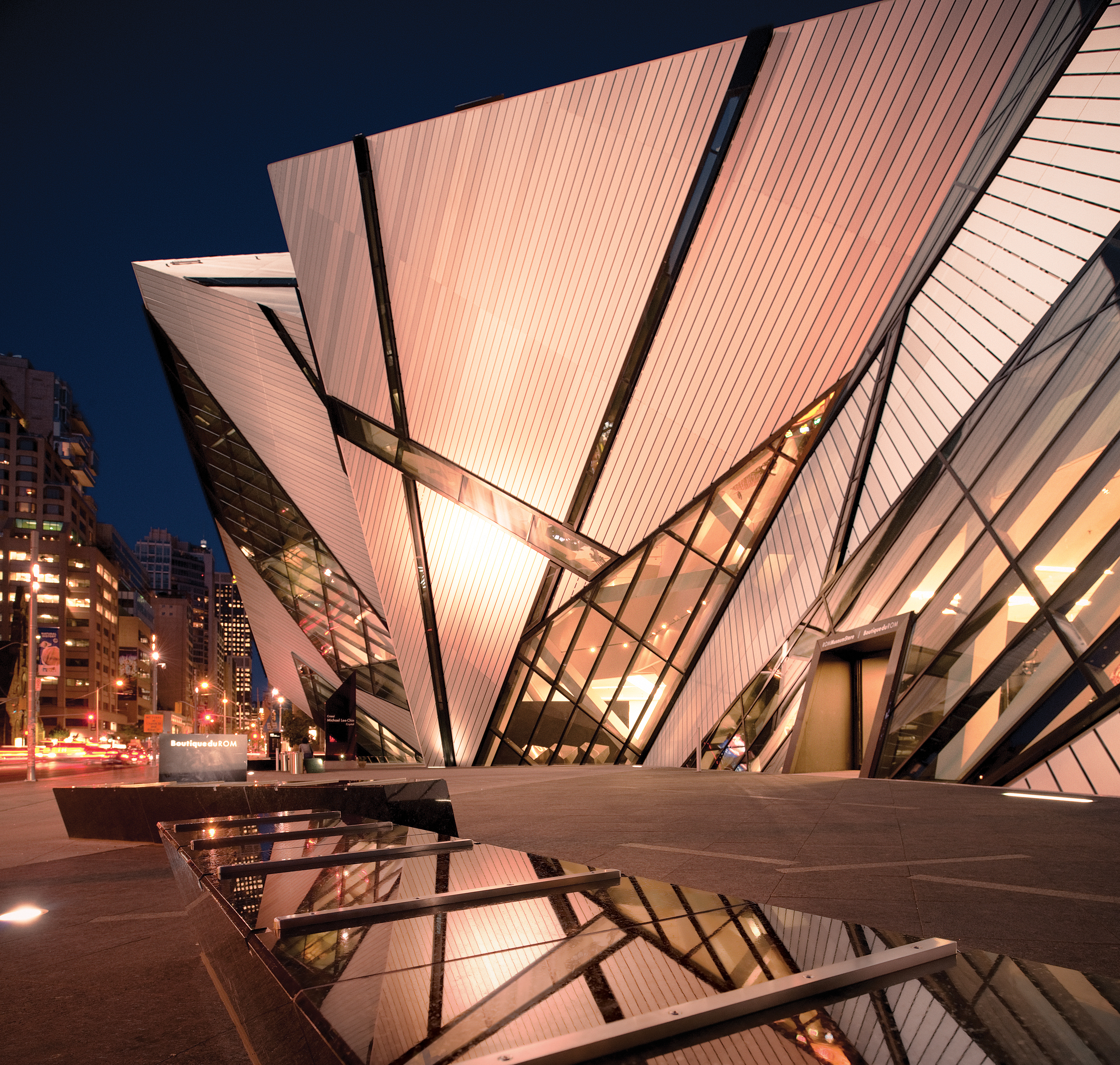 The exterior entrance to the Royal Ontario Museum at night