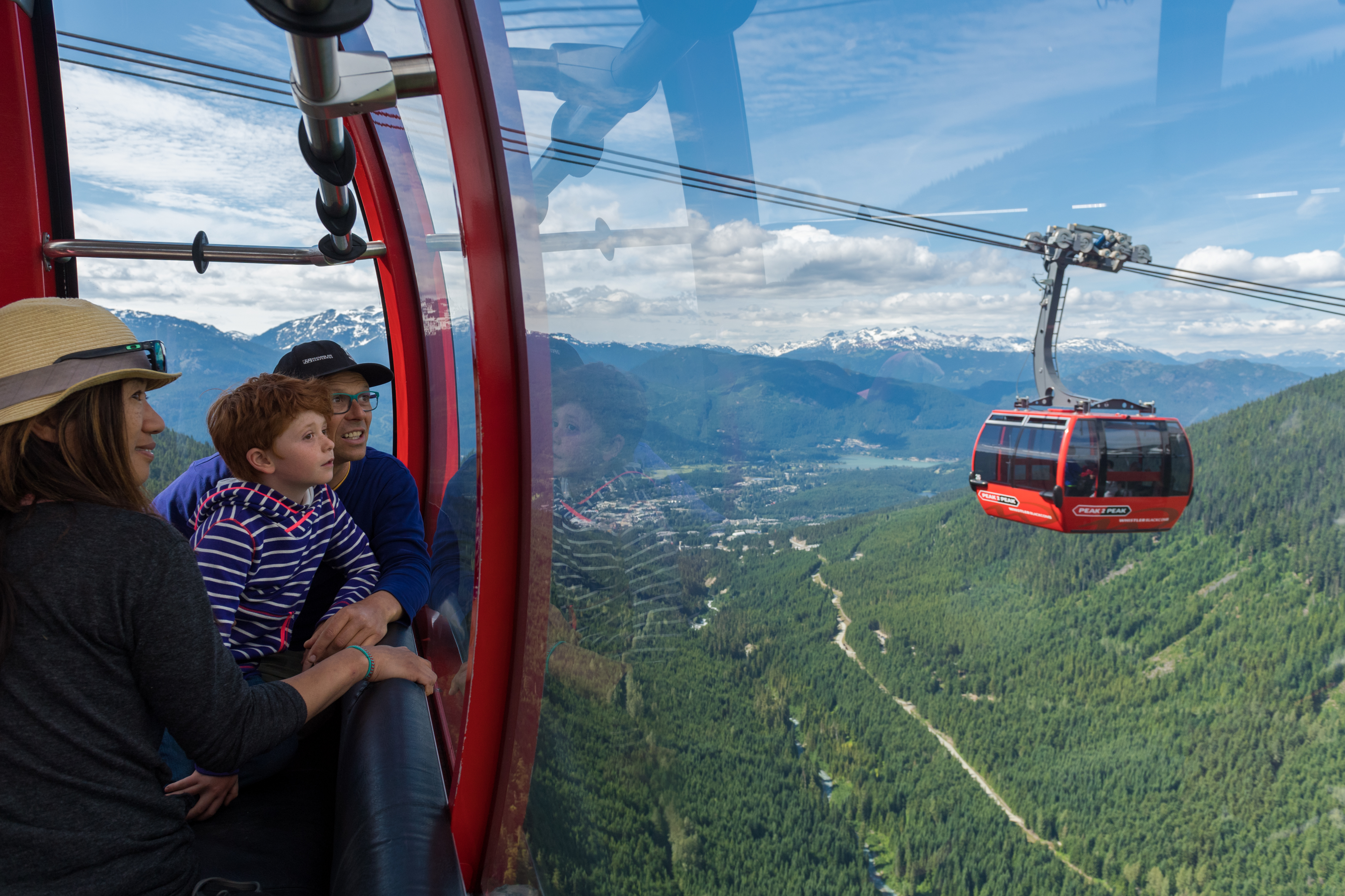 A family on the Peak 2 Peak gondola in Whistler 