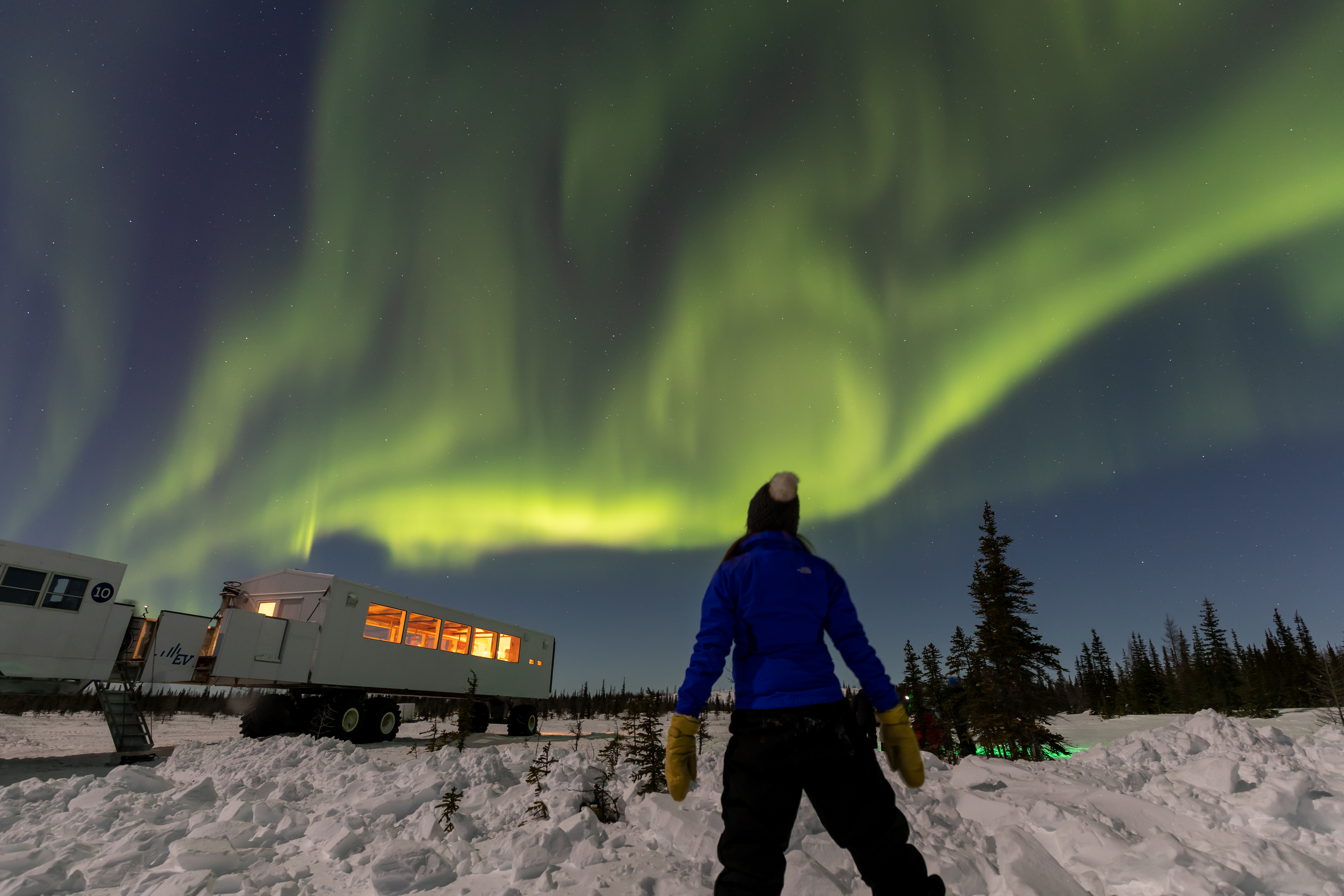 Onlooker standing near Tundra Buggy watches Northern Lights in Churchill, Manitoba