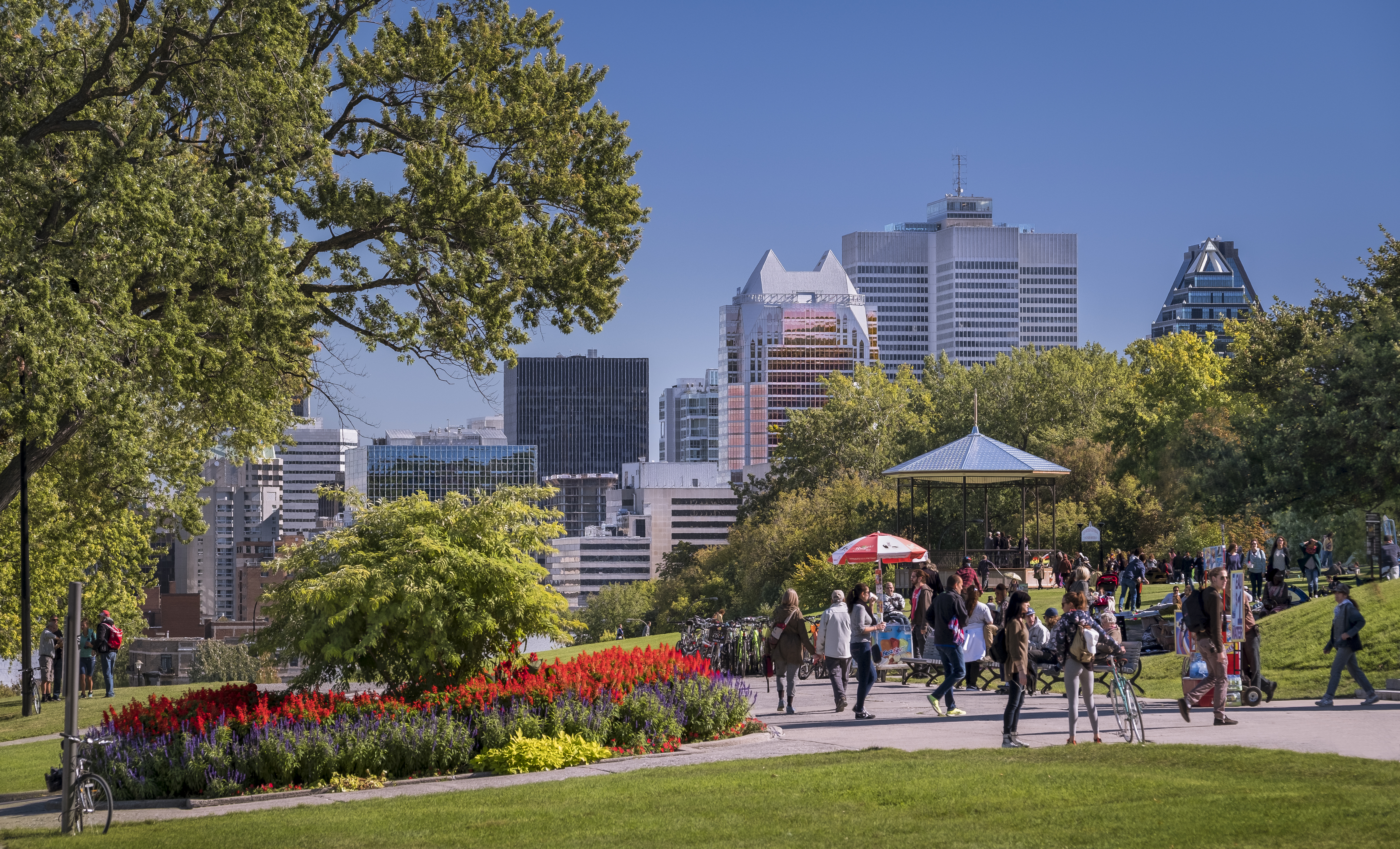 People walking through Mount Royal Park on a summer day
