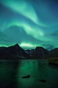 Three green streaks of the aurora borealis above Grizzly Lake, Tombstone Territorial Park, Yukon Territory