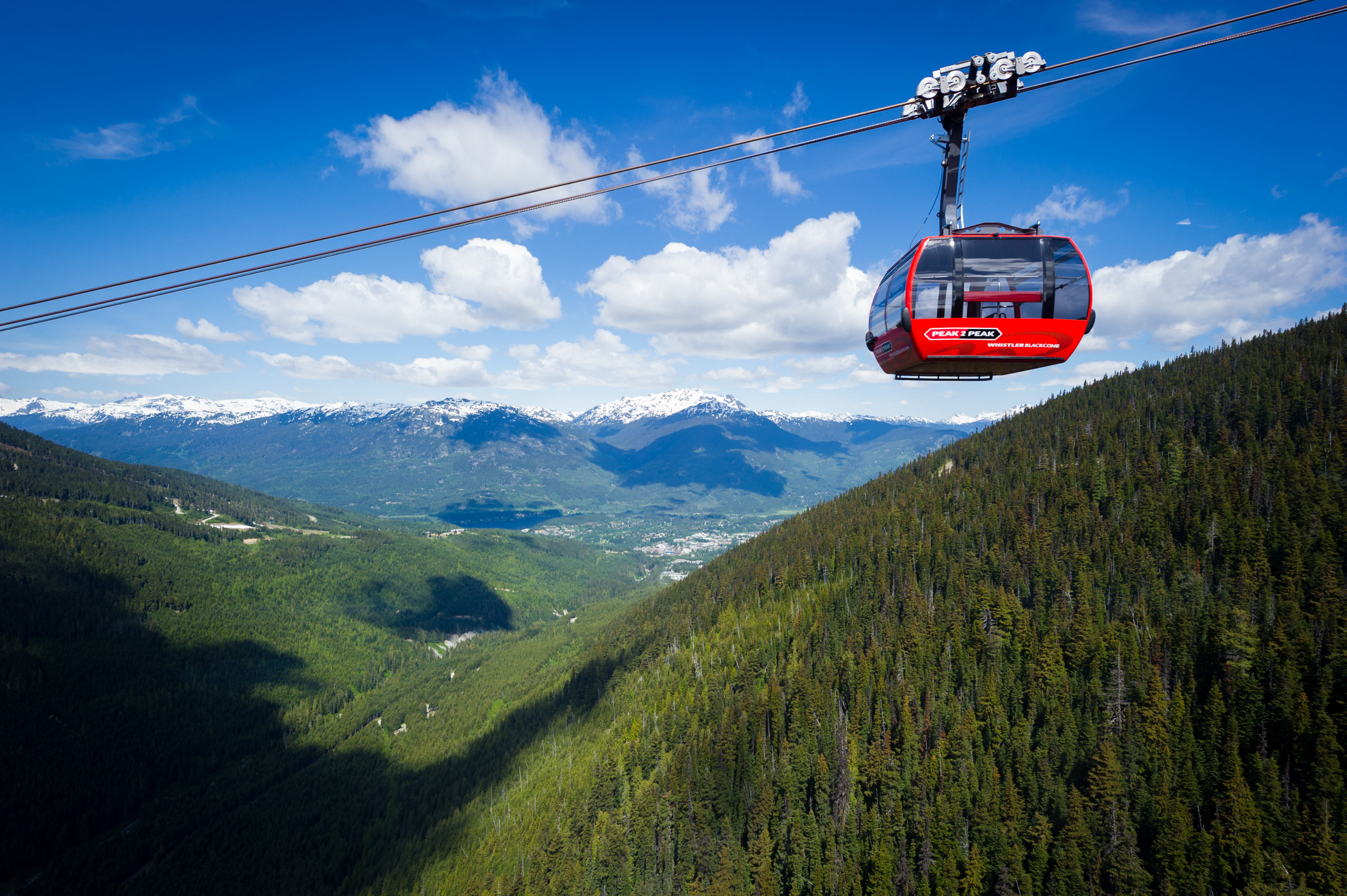 The Peak 2 Peak gondola in Whistler high above green trees and mountains