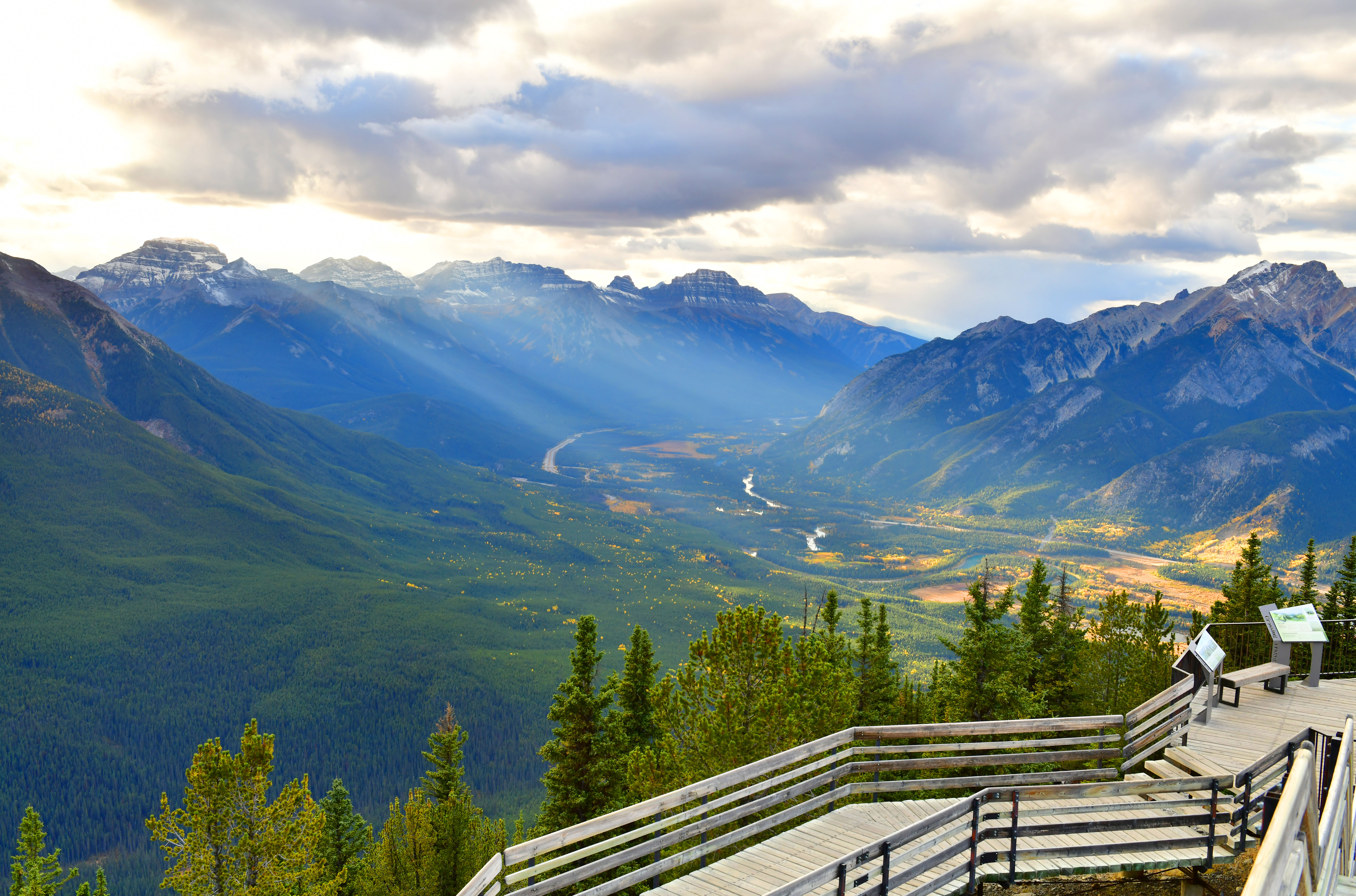 View of Banff mountains and valley from Sulphur Mountain boardwalk lookout 