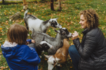 Mother and daughter feed and pet young goats in Kingsbrae Garden in Saint Andrews, New Brunswick
