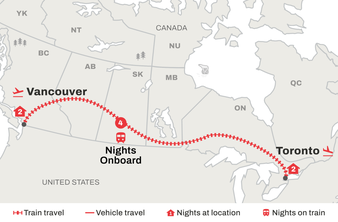 Route map of Canadian Cross Country Journey from Vancouver to Toronto