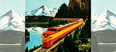 An illustration of a vintage train going through the mountains