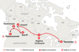 Route map of Vancouver to Toronto Train Tour