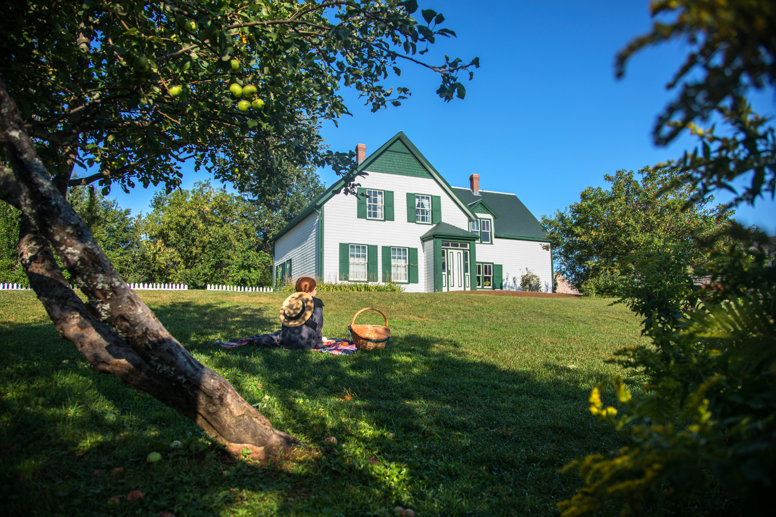 Girl dressed as Anne of Green Gables sits on the lawn in front of the Green Gables Heritage House