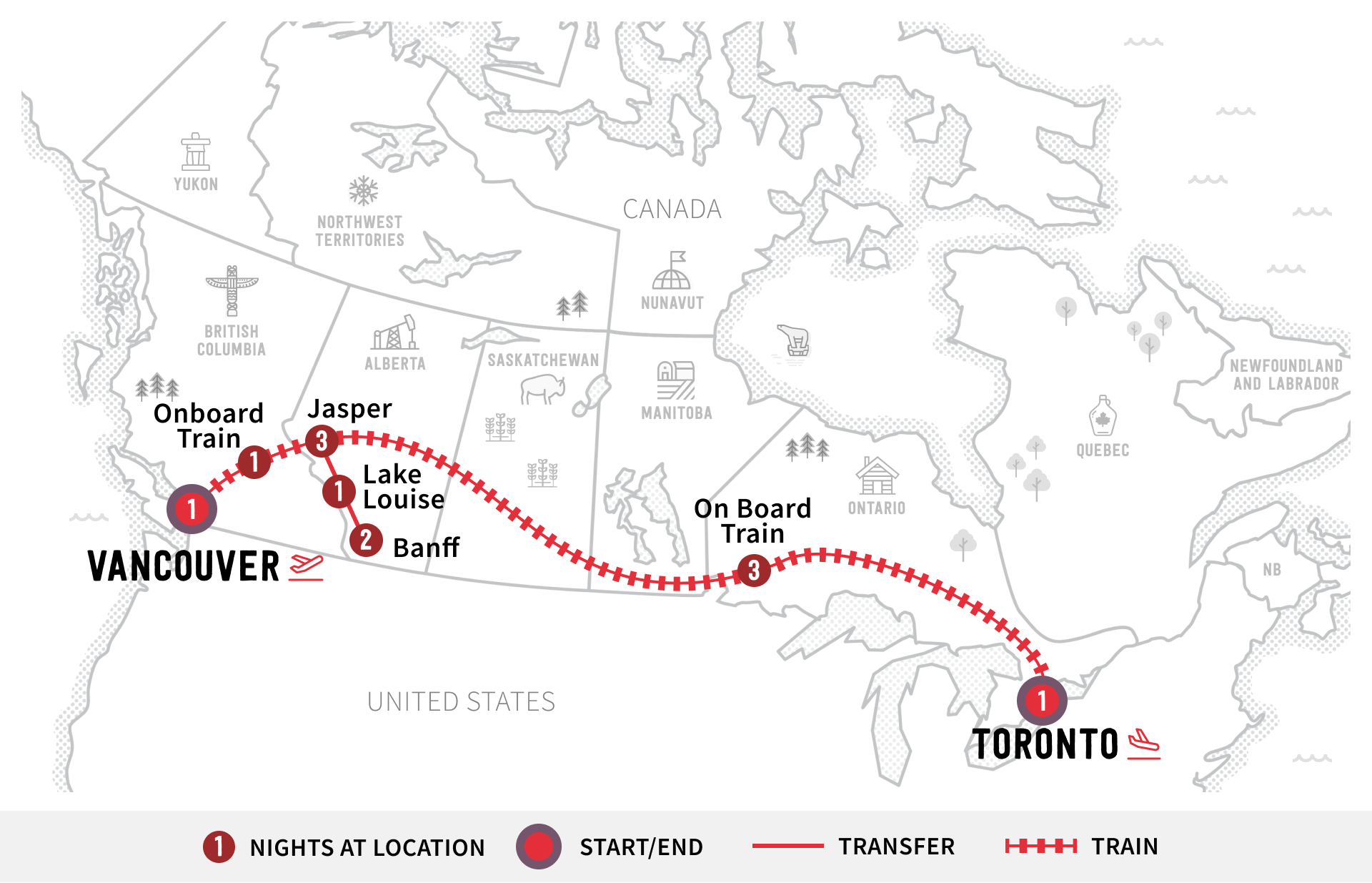 Map of the itinerary for The Canadian Prestige Journey