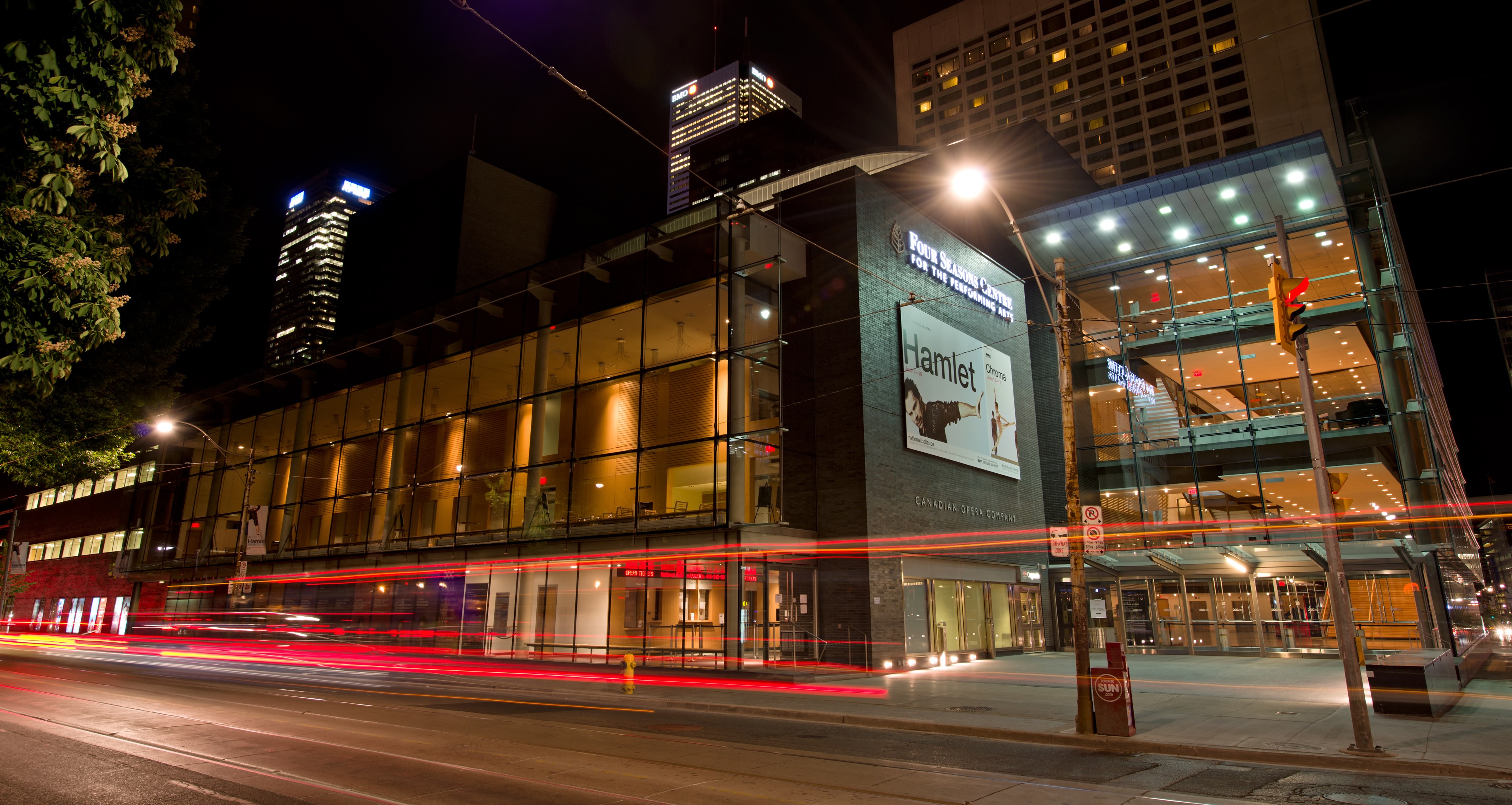 Exterior view of the Four Seasons Centre for Performing Arts at night