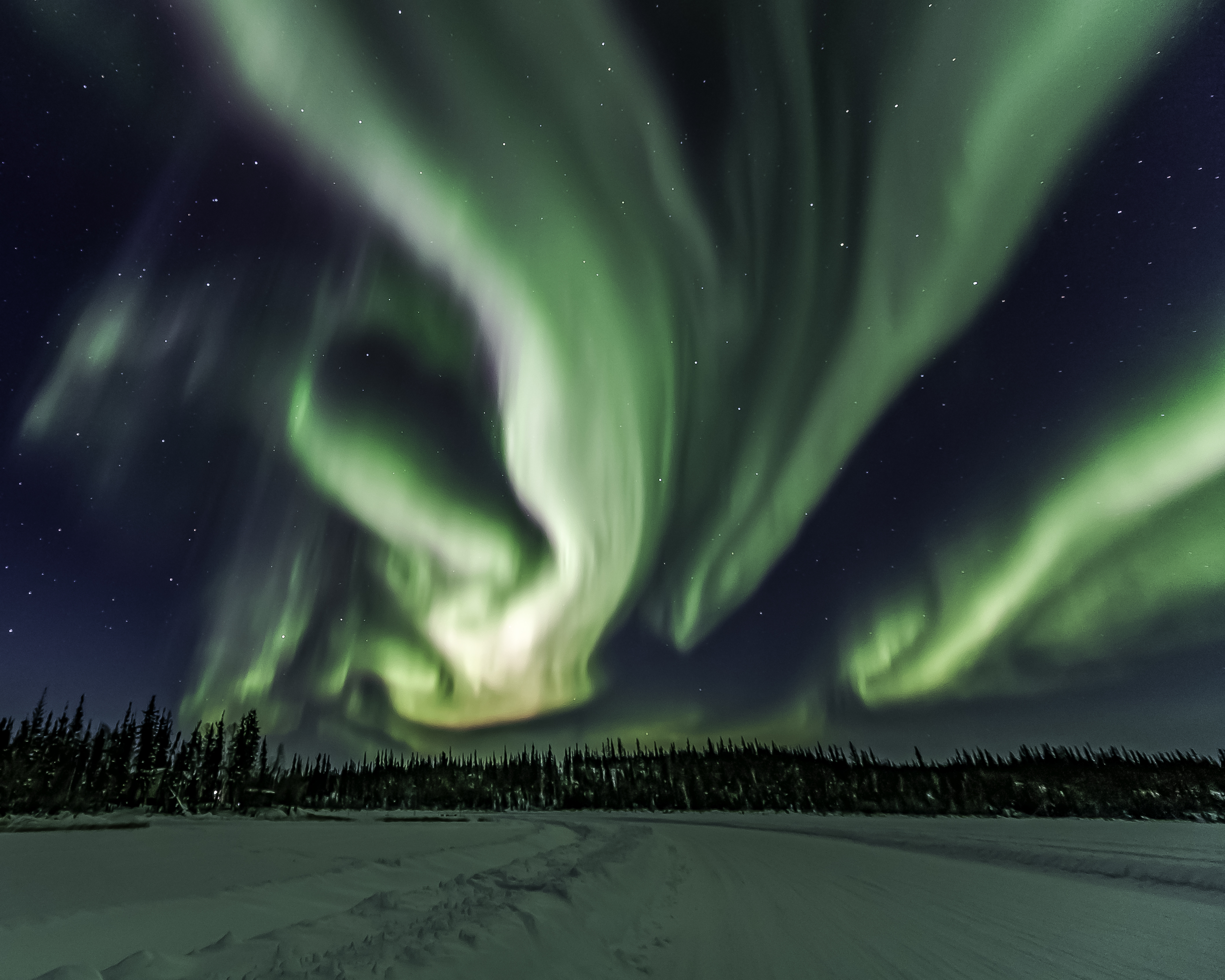 Green swirling Northern Lights above a snowy landscape in Yellowknife