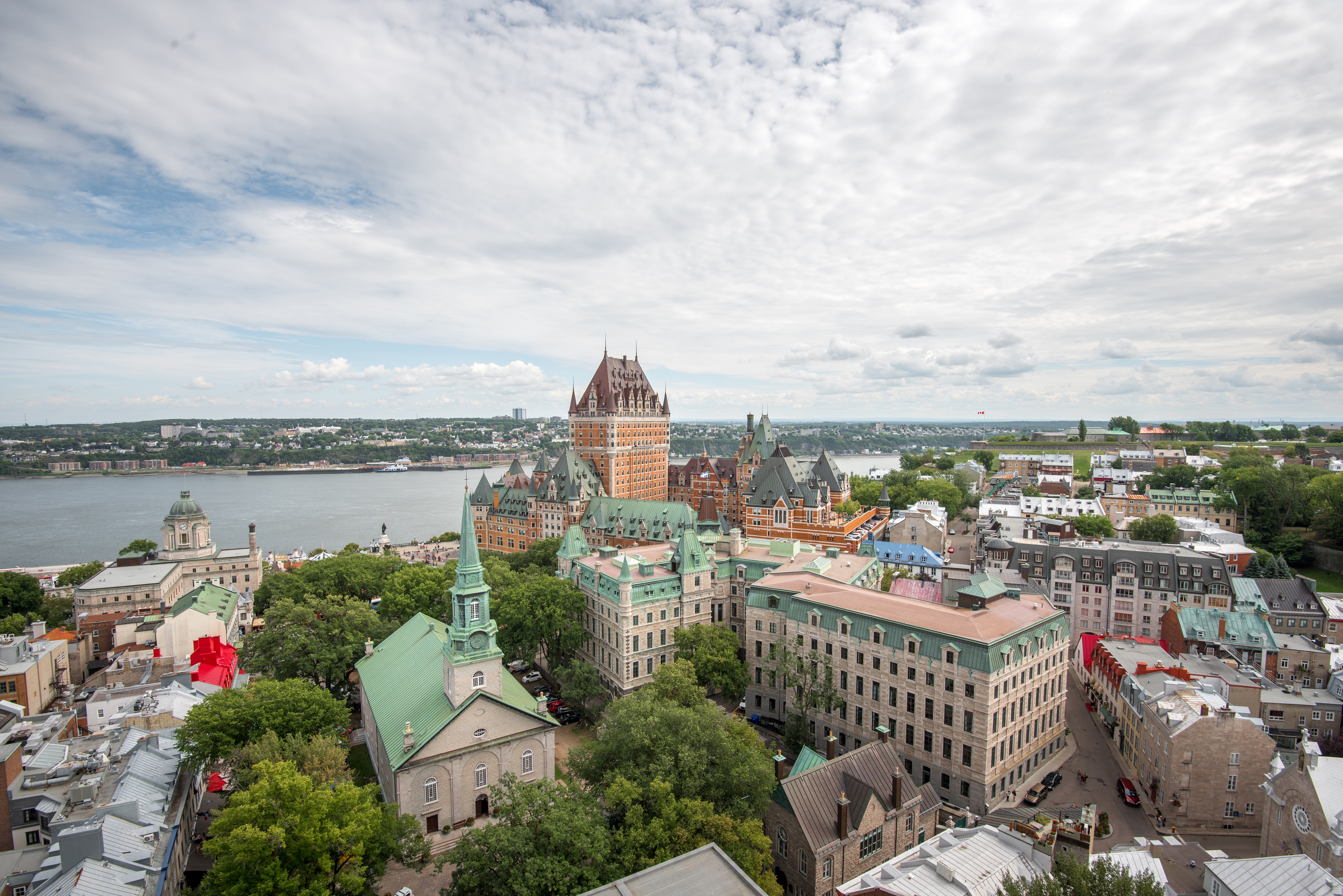 Aerial view of the Cathedral of the Holy Trinity, Old Quebec and the St. Lawrence river