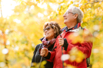 Senior couple with walking poles go hiking through the forest during fall