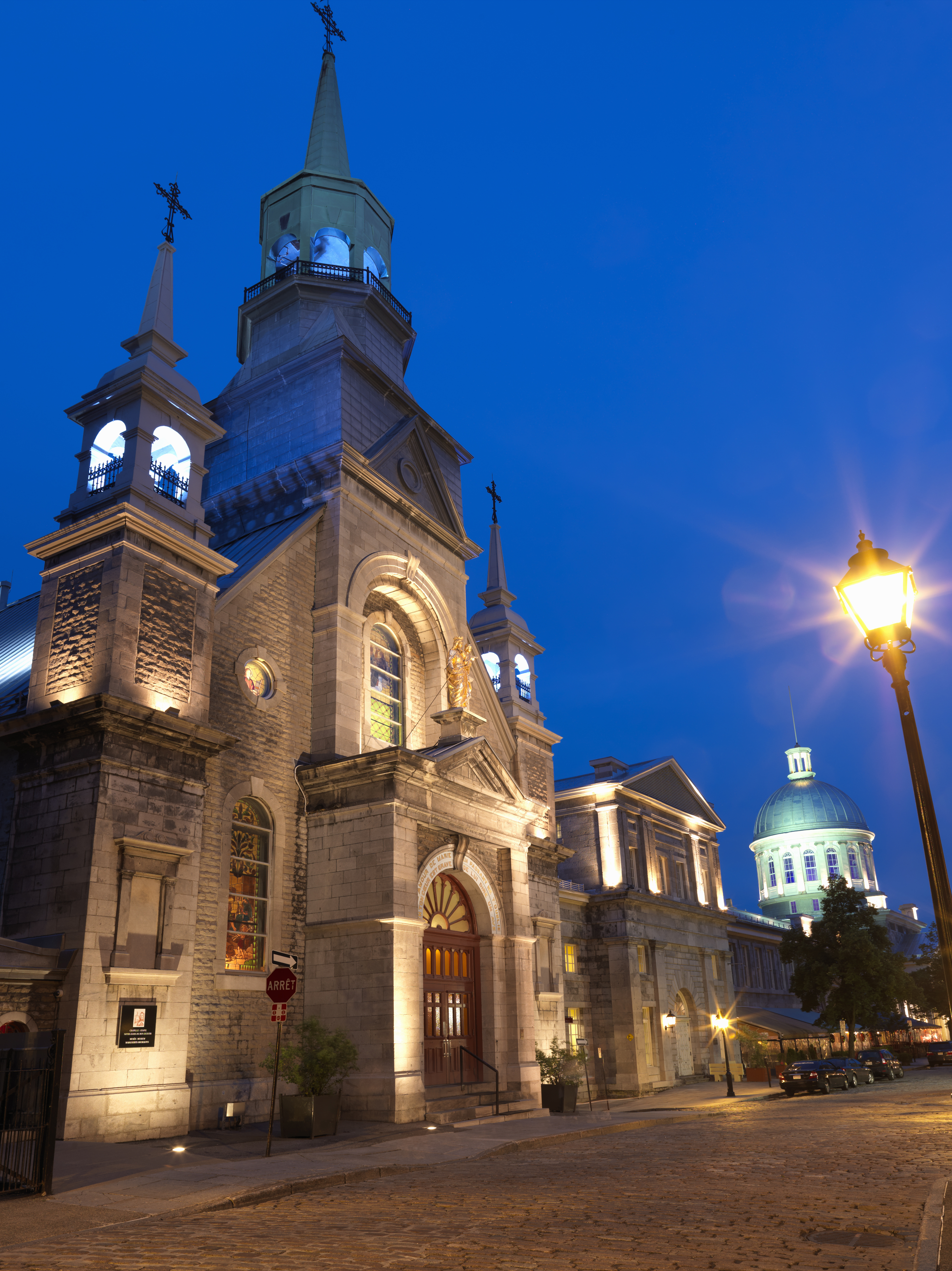 dusk image of Notre-Dame-de-Bon-Secours Chapel and Marche Bonsecours in Montreal