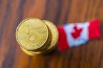 A stack of loonies with a Canadian flag behind them
