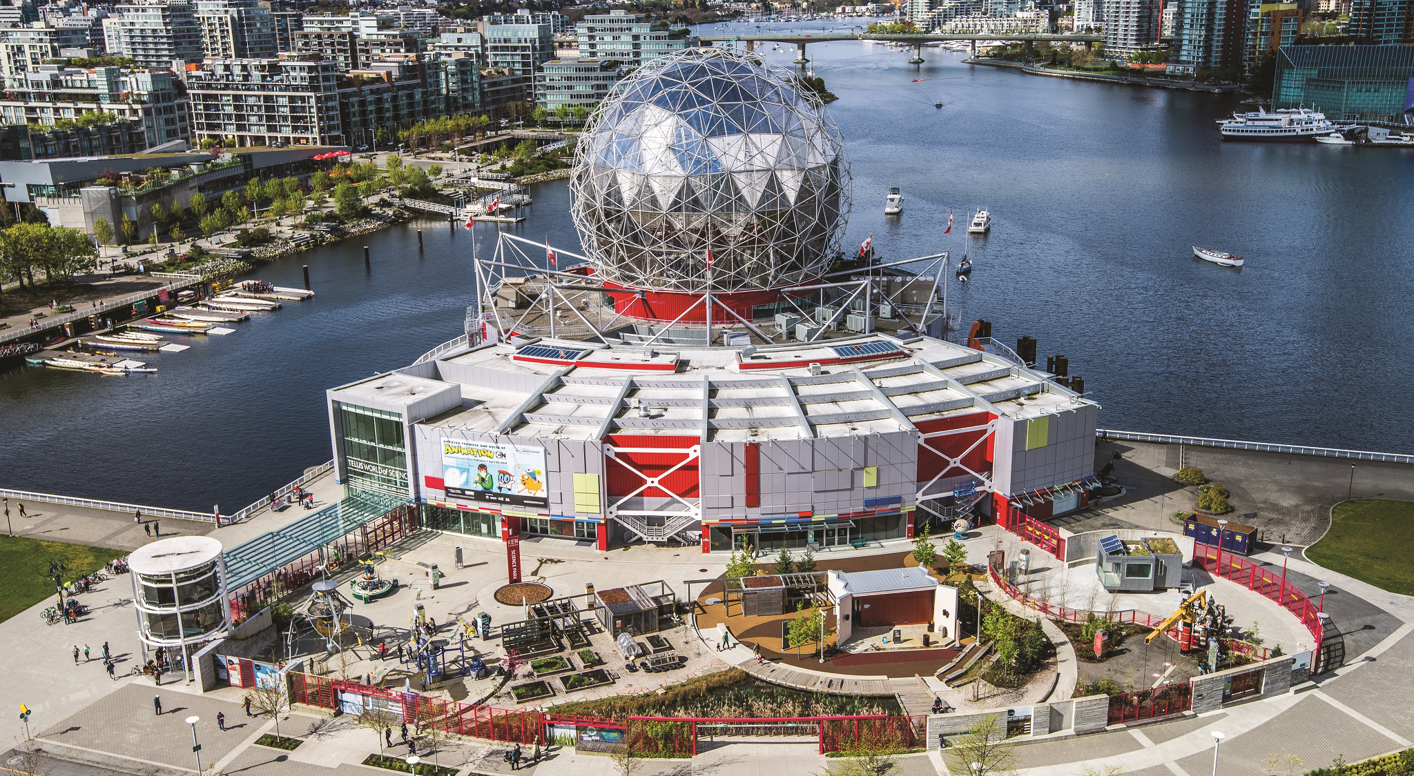 Aerial view of Science World museum and False Creek area