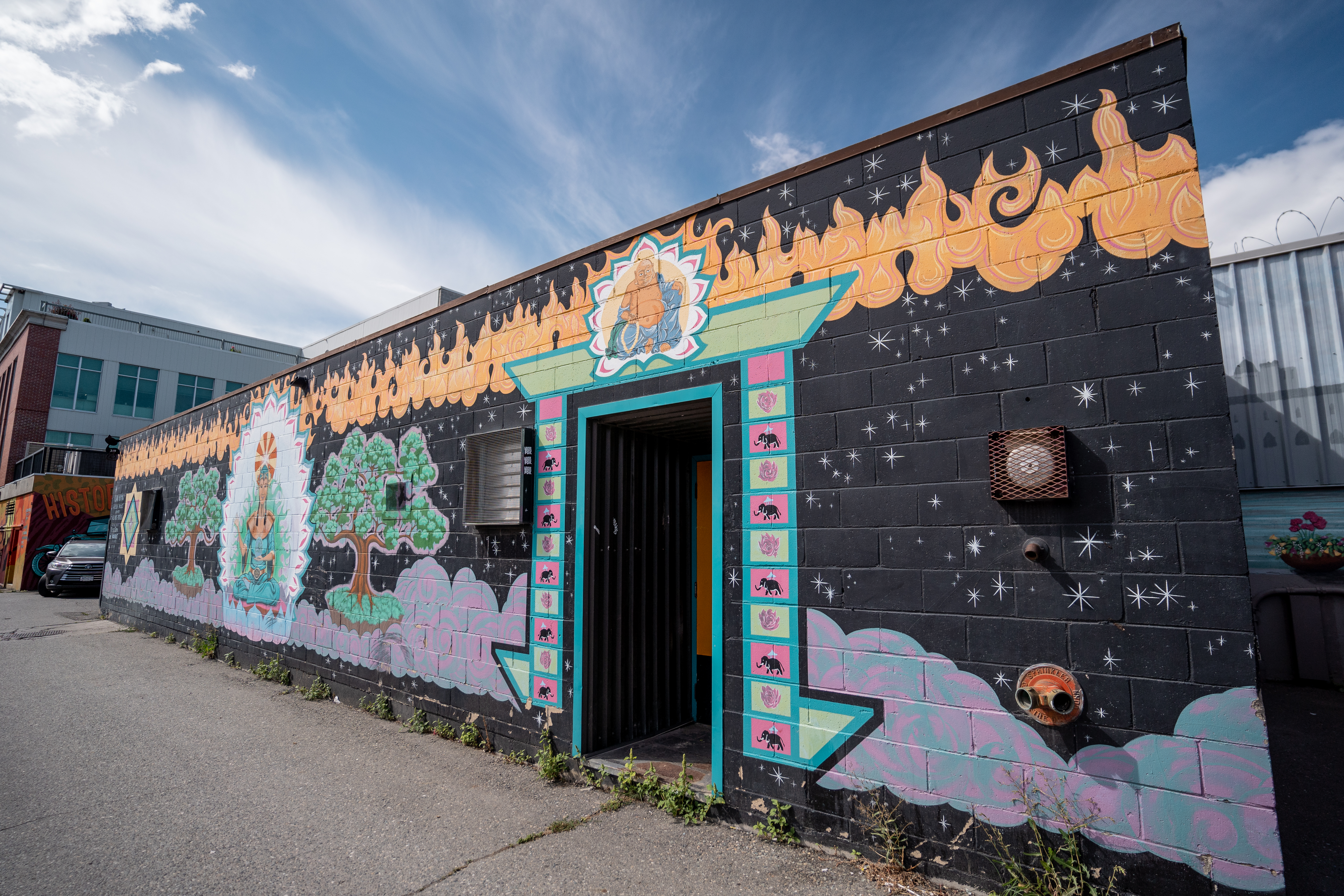 An art mural inspired by Buddhist culture