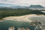 Aerial view of sandy beaches, rugged coastline and rainforests in Clayoquot Sound