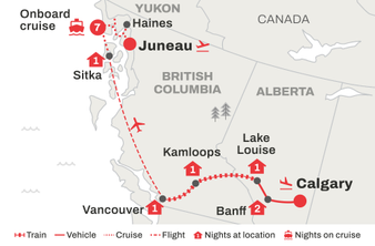 Route map of Essential Rockies by Rail with Alaska Small Ship Cruise from Calgary to Vancouver and Alaska