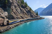 The Rocky Mountaineer travels along the shores of Seton Lake on the Rainforest to Gold Rush route.