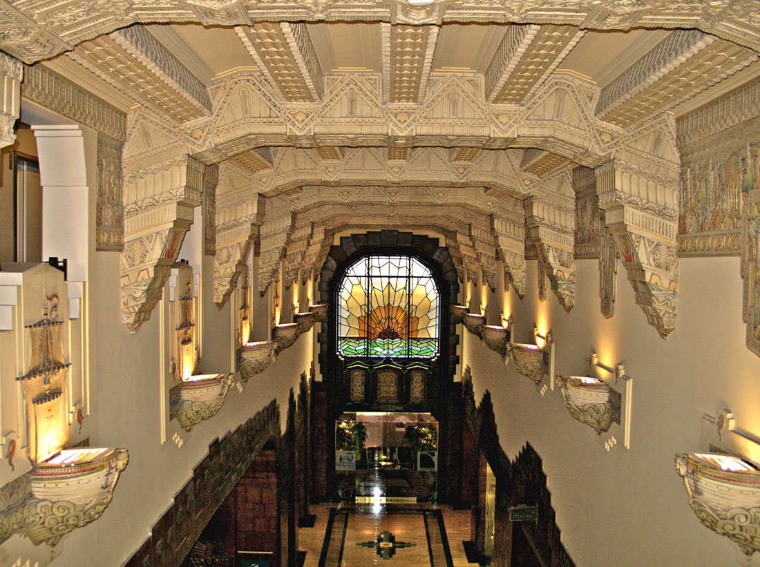 Intricate art deco-style ceiling and lobby area of the Marine Building