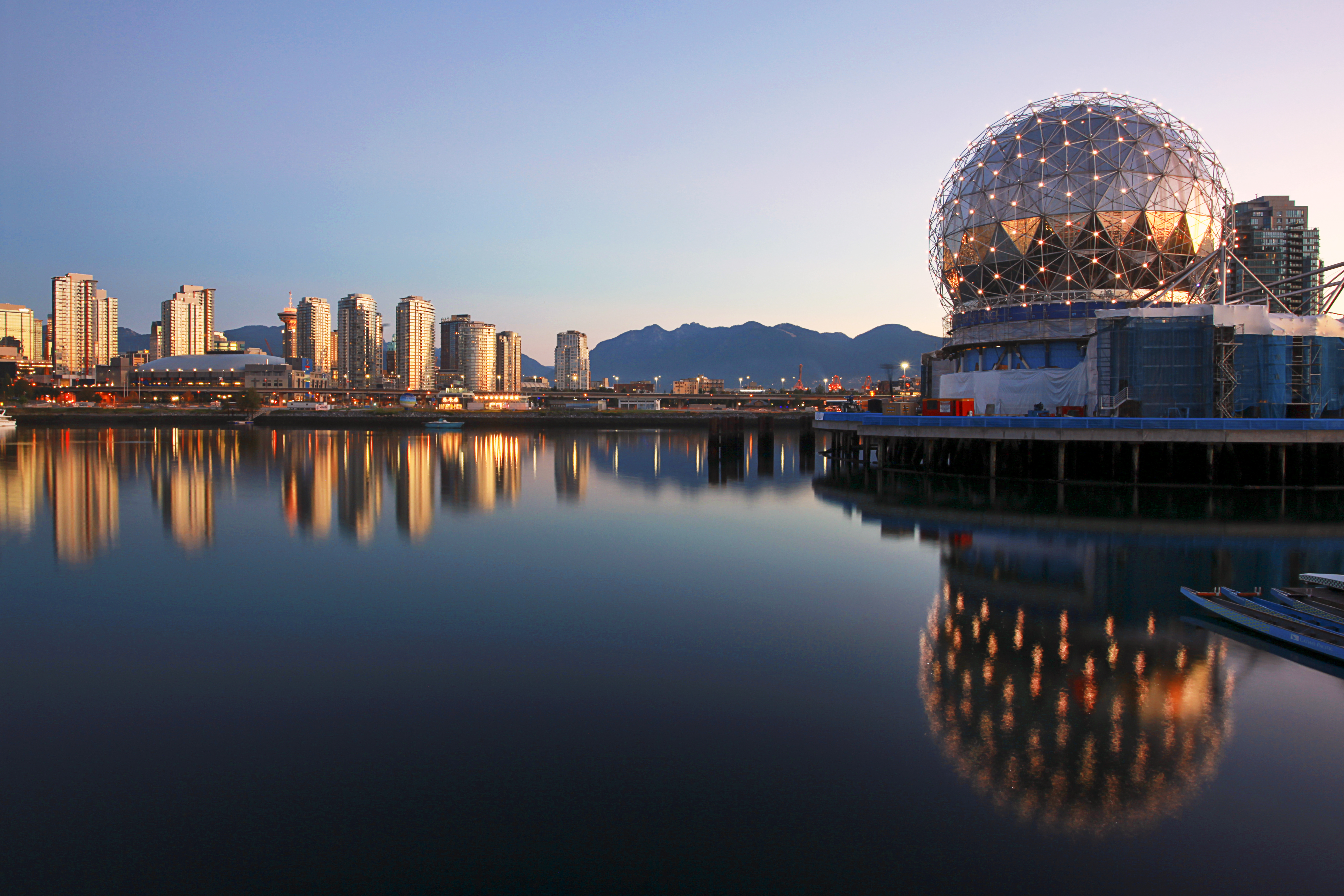 Evening view of Vancouver's False Creek and geodesic dome of Science World.