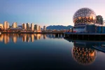 Evening view of Vancouver's False Creek and geodesic dome of Science World.