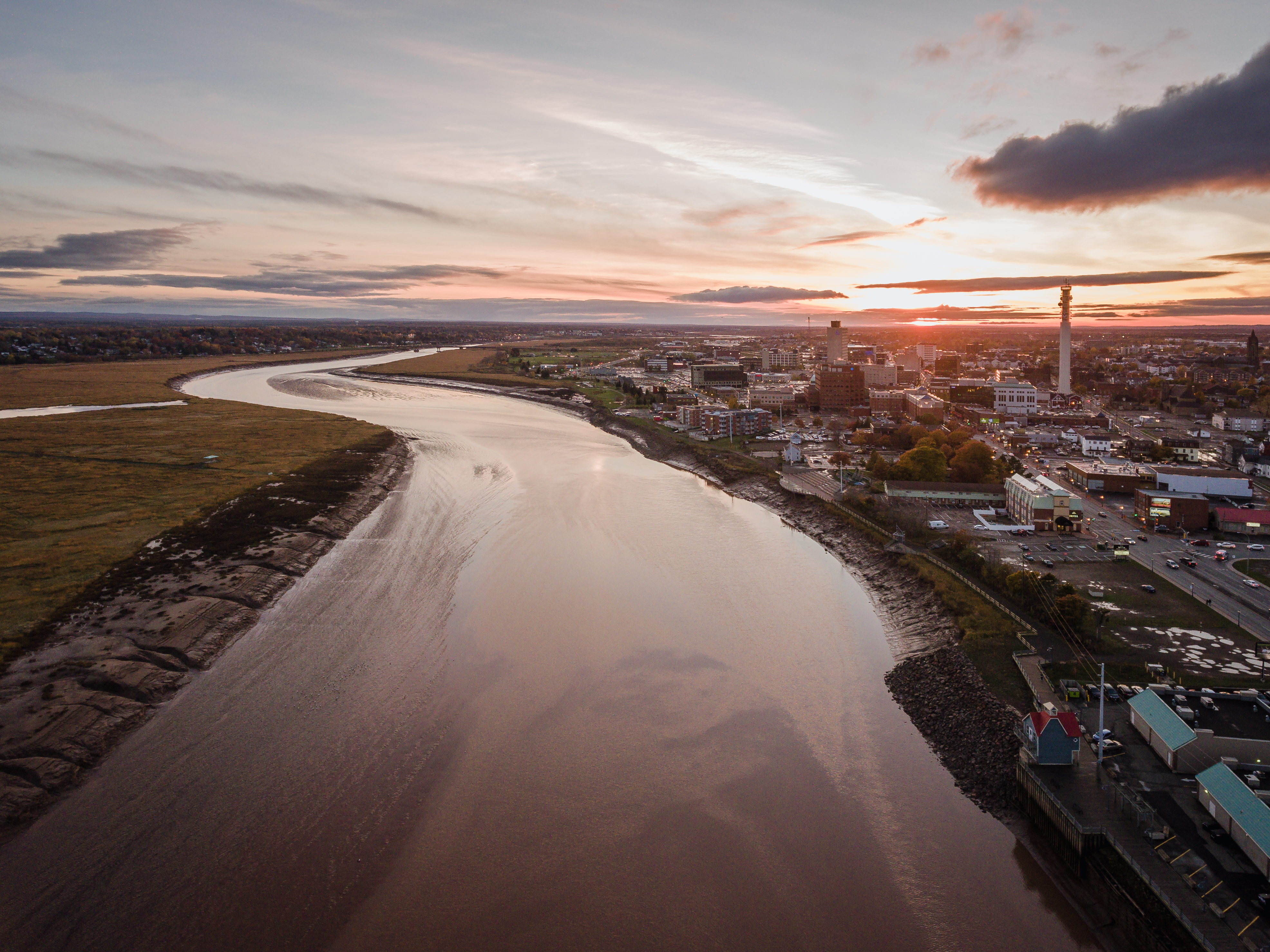 View of downtown Moncton and Petitcodiac River at sunset
