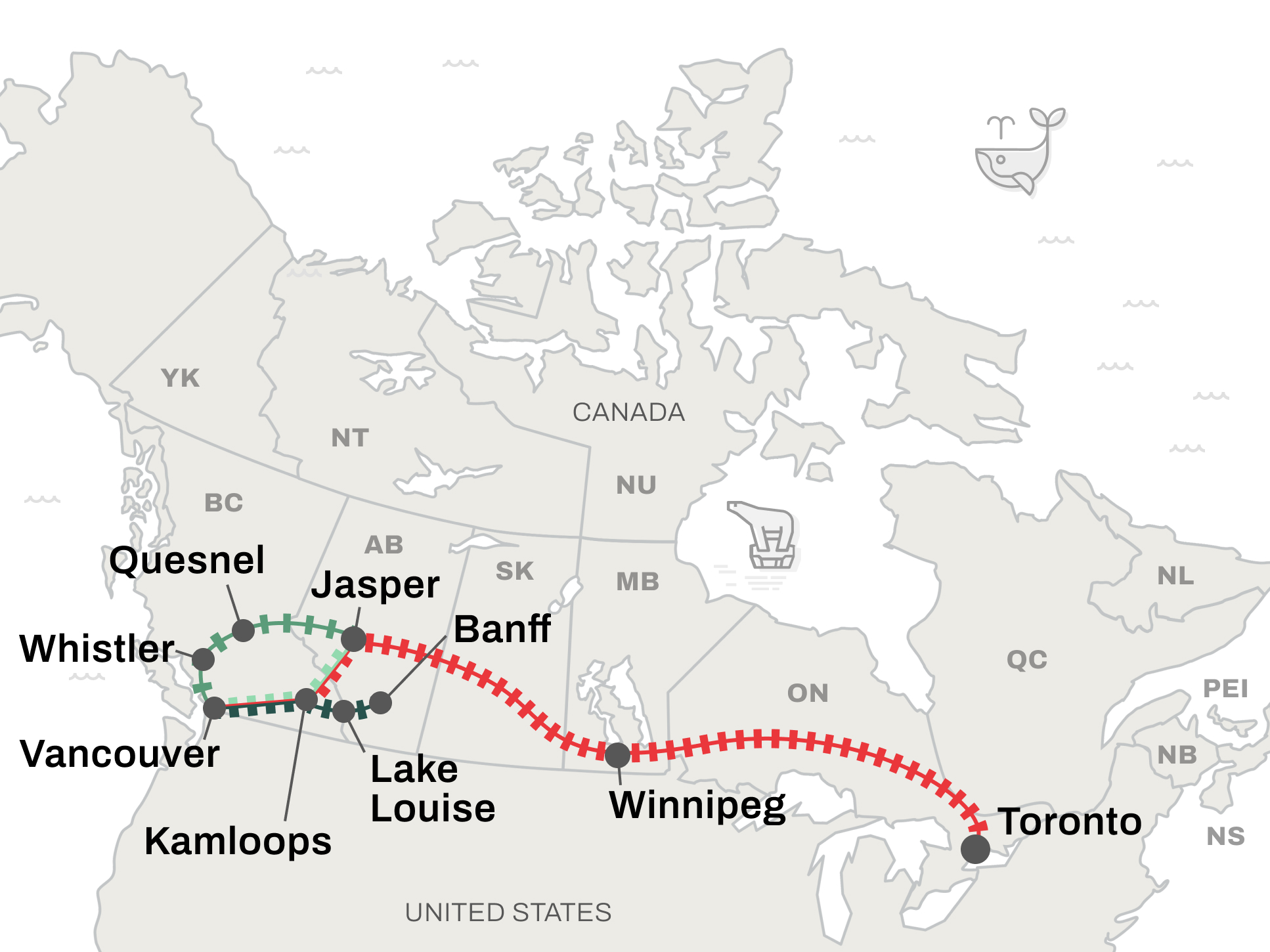 Map showing the VIA Rail Canadian train and the Rocky Mountaineer train routes