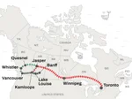 Map of the Canadian Pacific Railway, including Rocky Mountaineer routes and The Canadian train