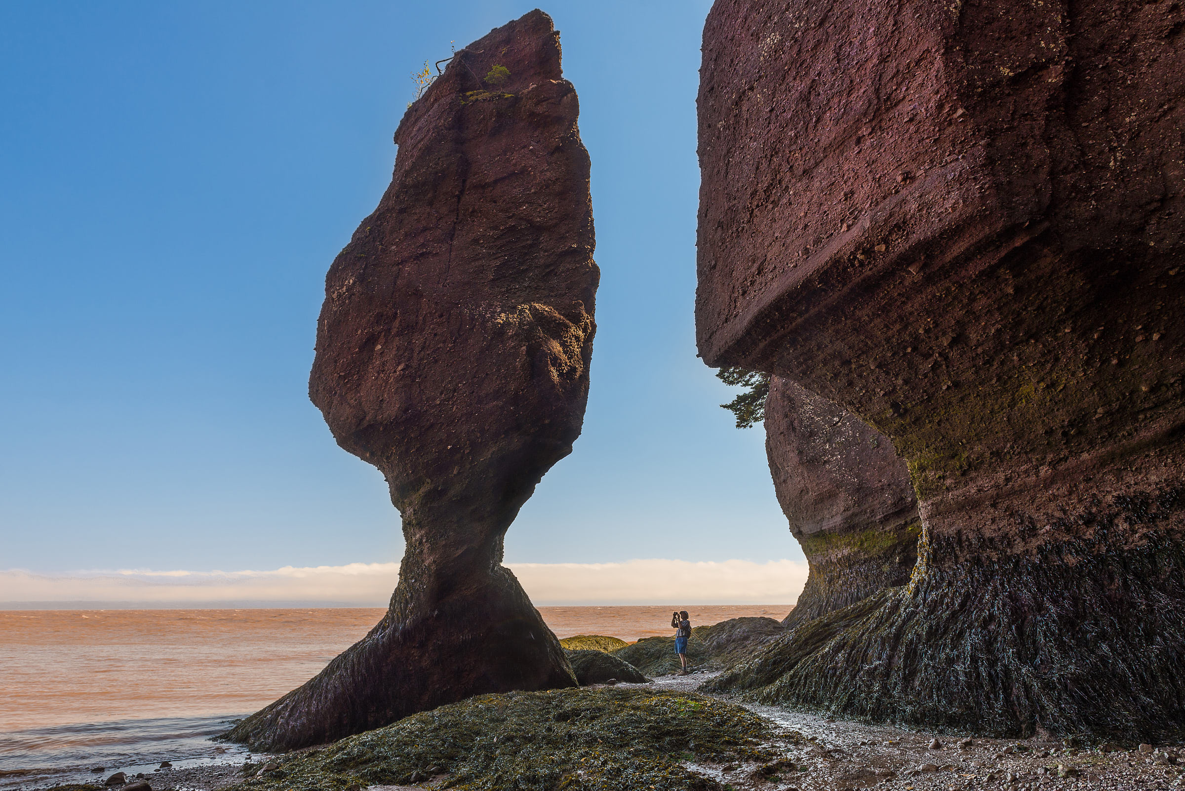 Woman photographs Bay Fundy's massive sandstone formation in Hopewell Rocks by the sea