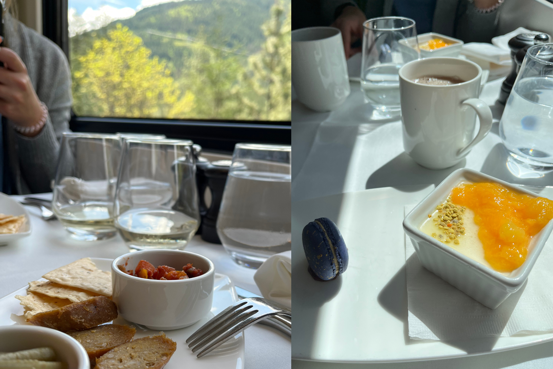 Close up of food and drinks in GoldLeaf dining room on Rocky Mountaineer