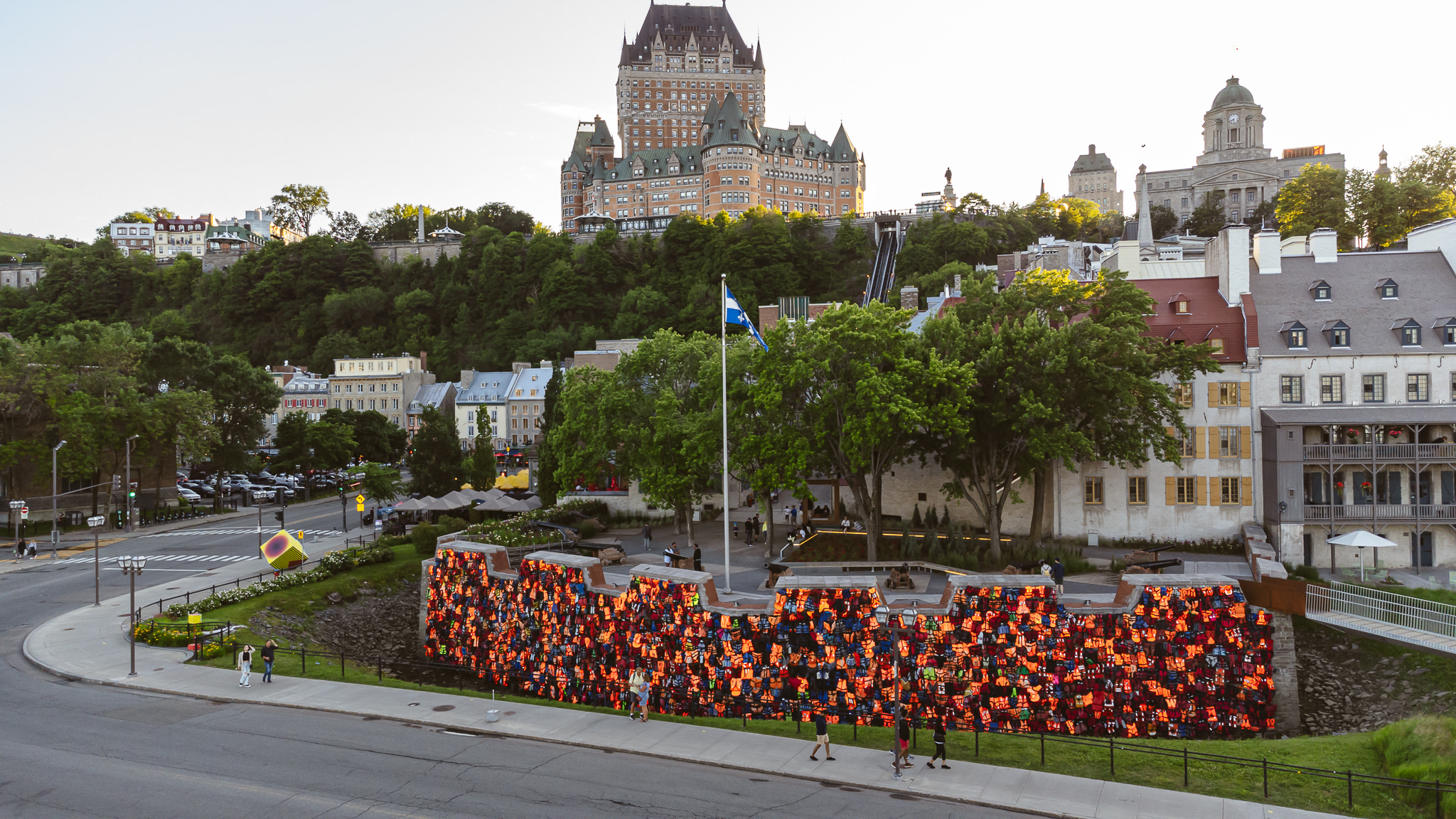 An art installation in a park on the corner of a road in Quebec City