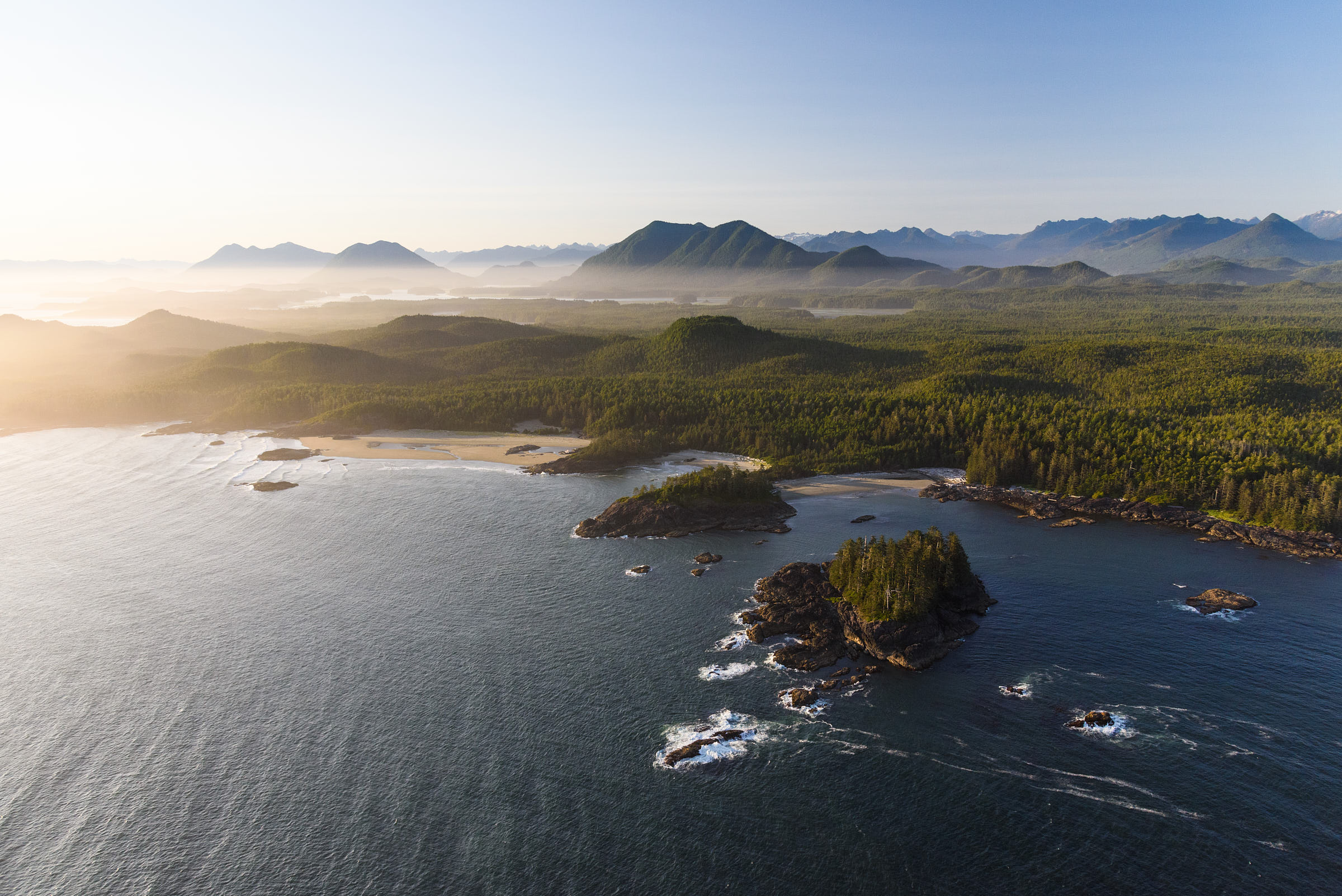 Aerial of the coastline of Pacific Rim National Park, near Tofino