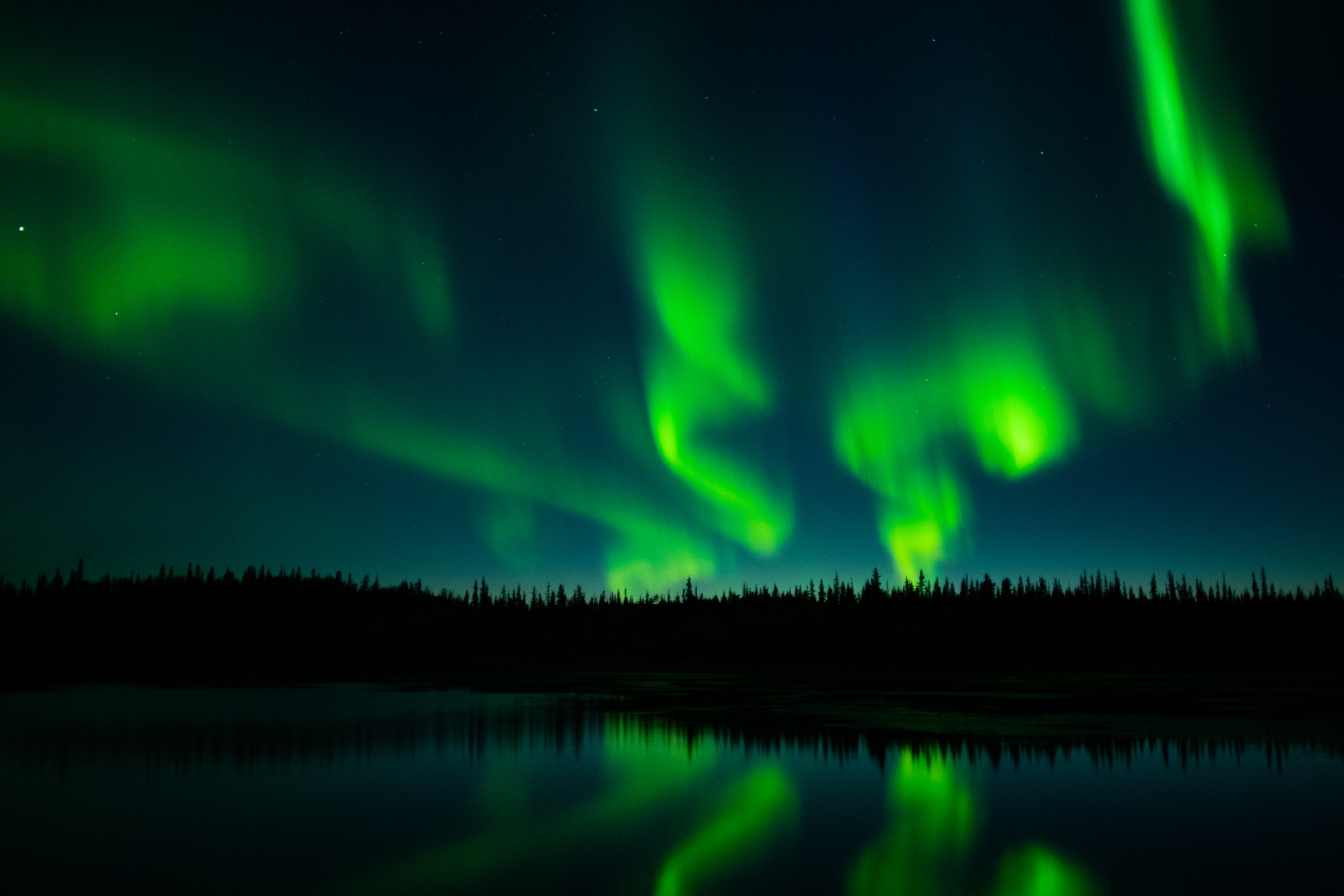 Northern Lights of Yellowknife glow in the sky and are mirrored in water body near trees