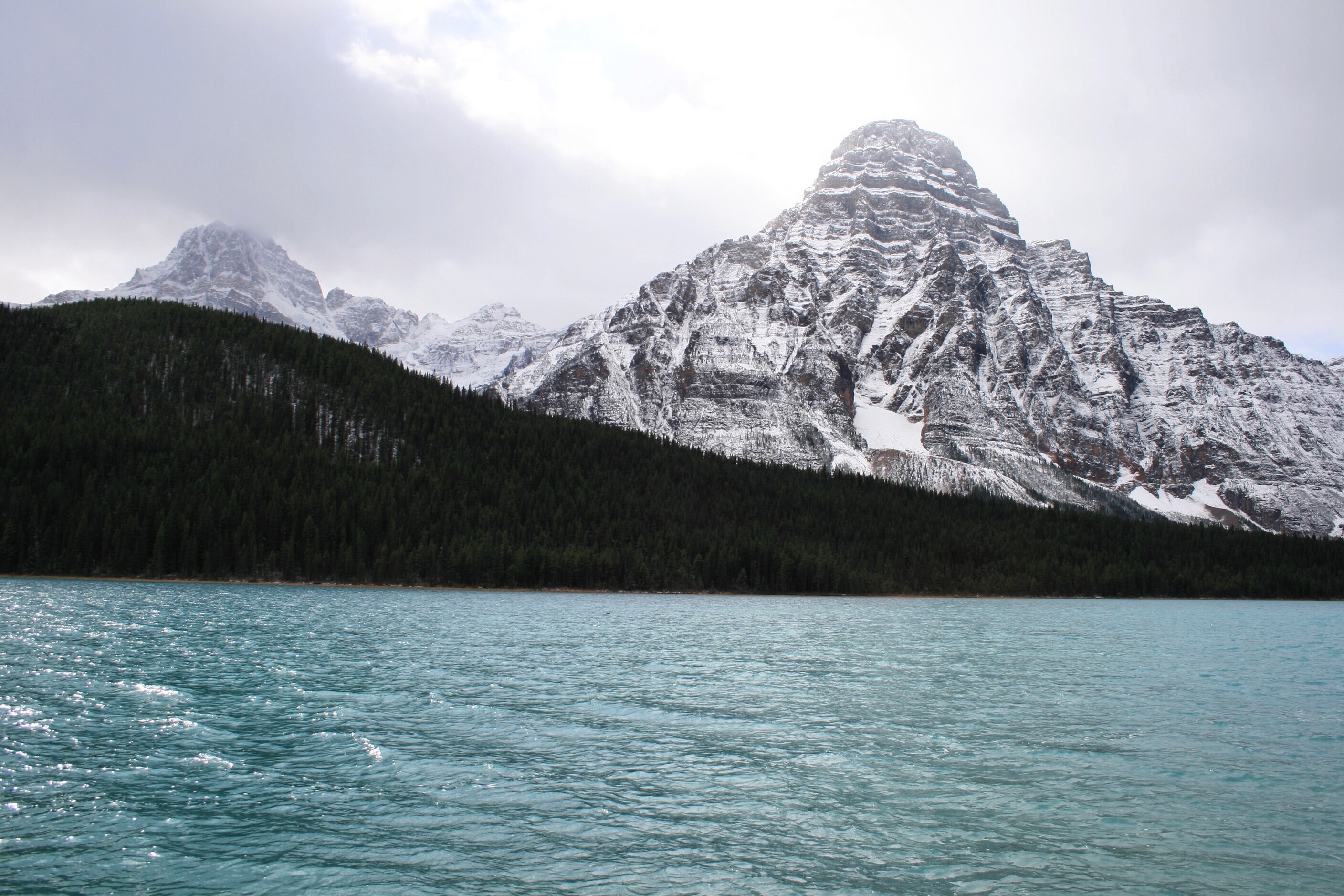 Rippling waters in Lake Chephren by Howse Peak and Mount Chephren in Saskatchewan Crossing, Alberta