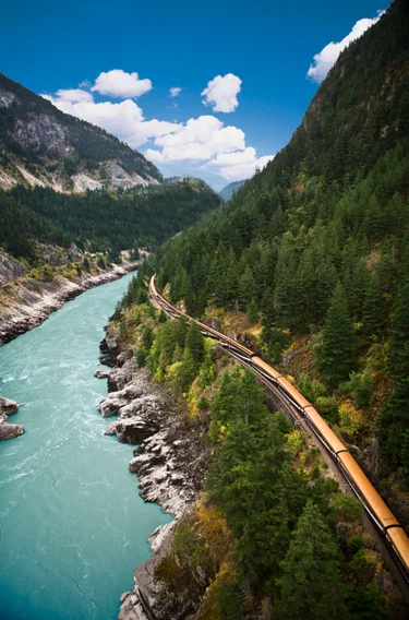 The Rocky Mountaineer train passes by a green river and lush forests.