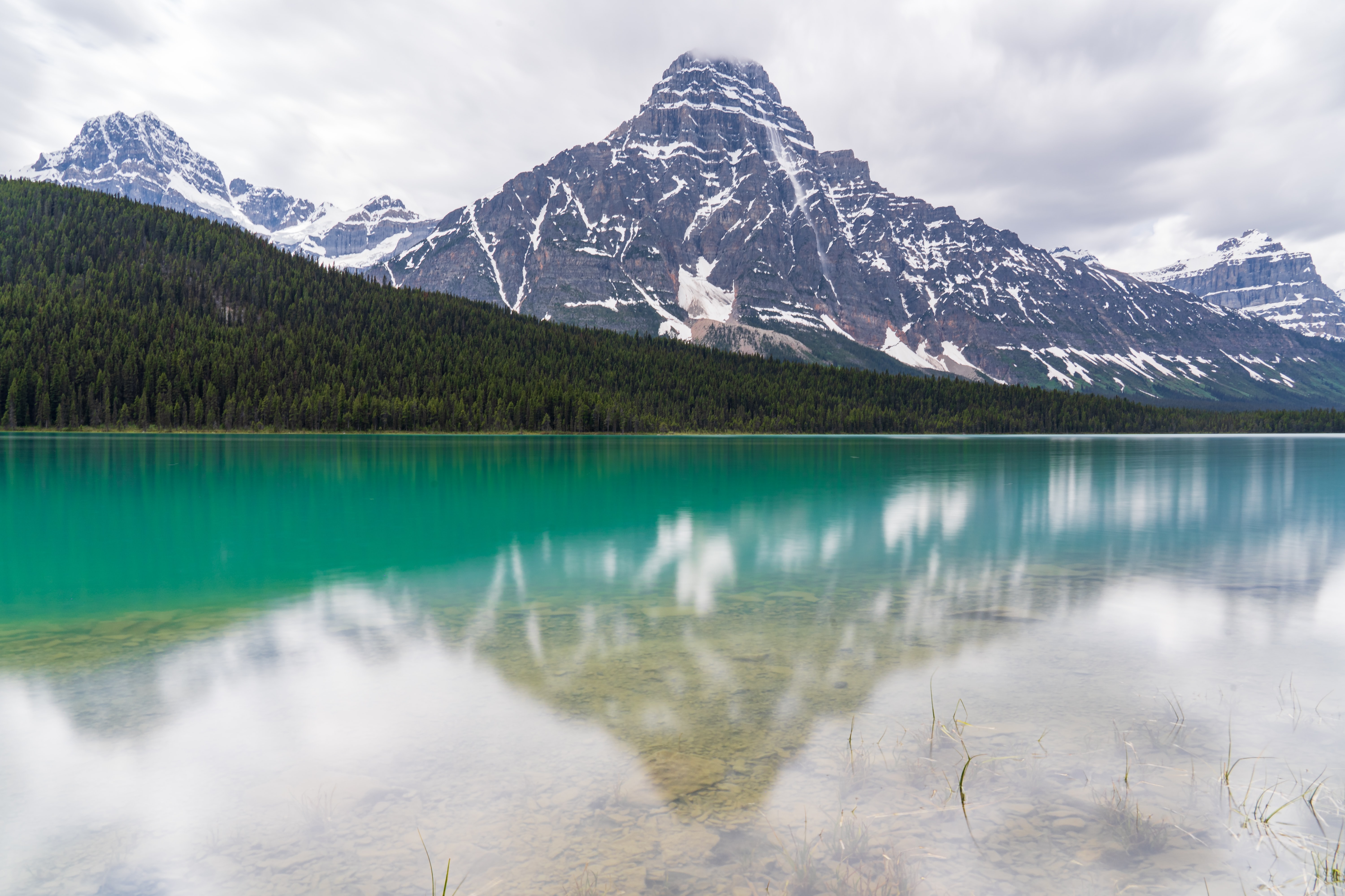 Waterfowl lakes by Mount Chephren in the heart of the Canadian Rockies and next to the Icefields Parkway in Banff