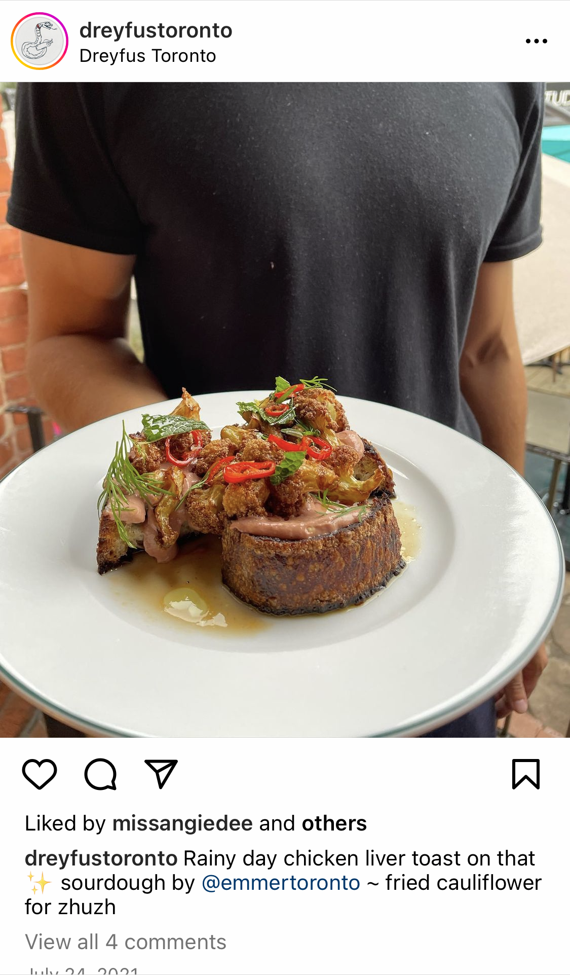 Instagram post of dinner at Dreyfus