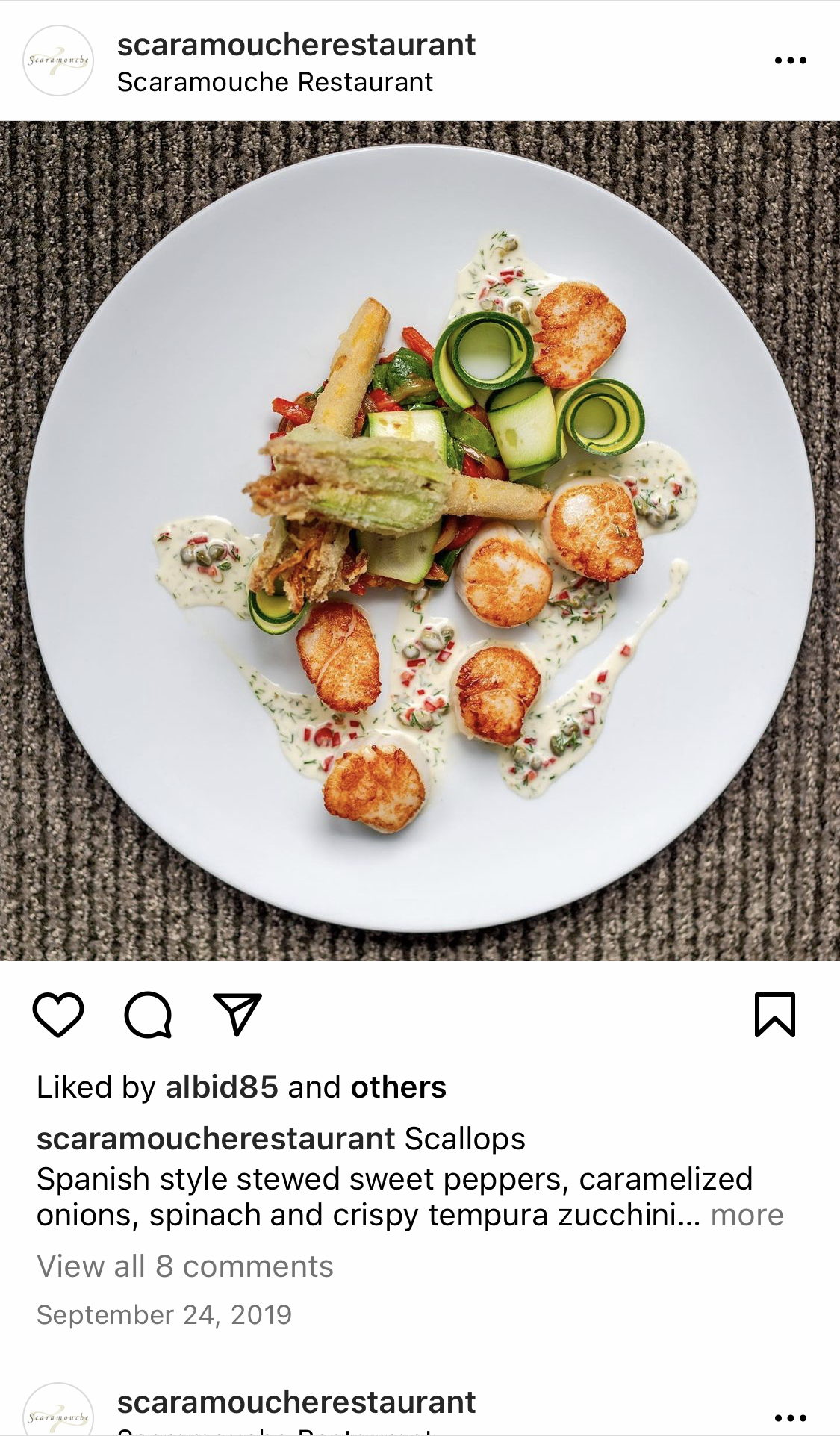 Instagram post of dinner at Scaramouche