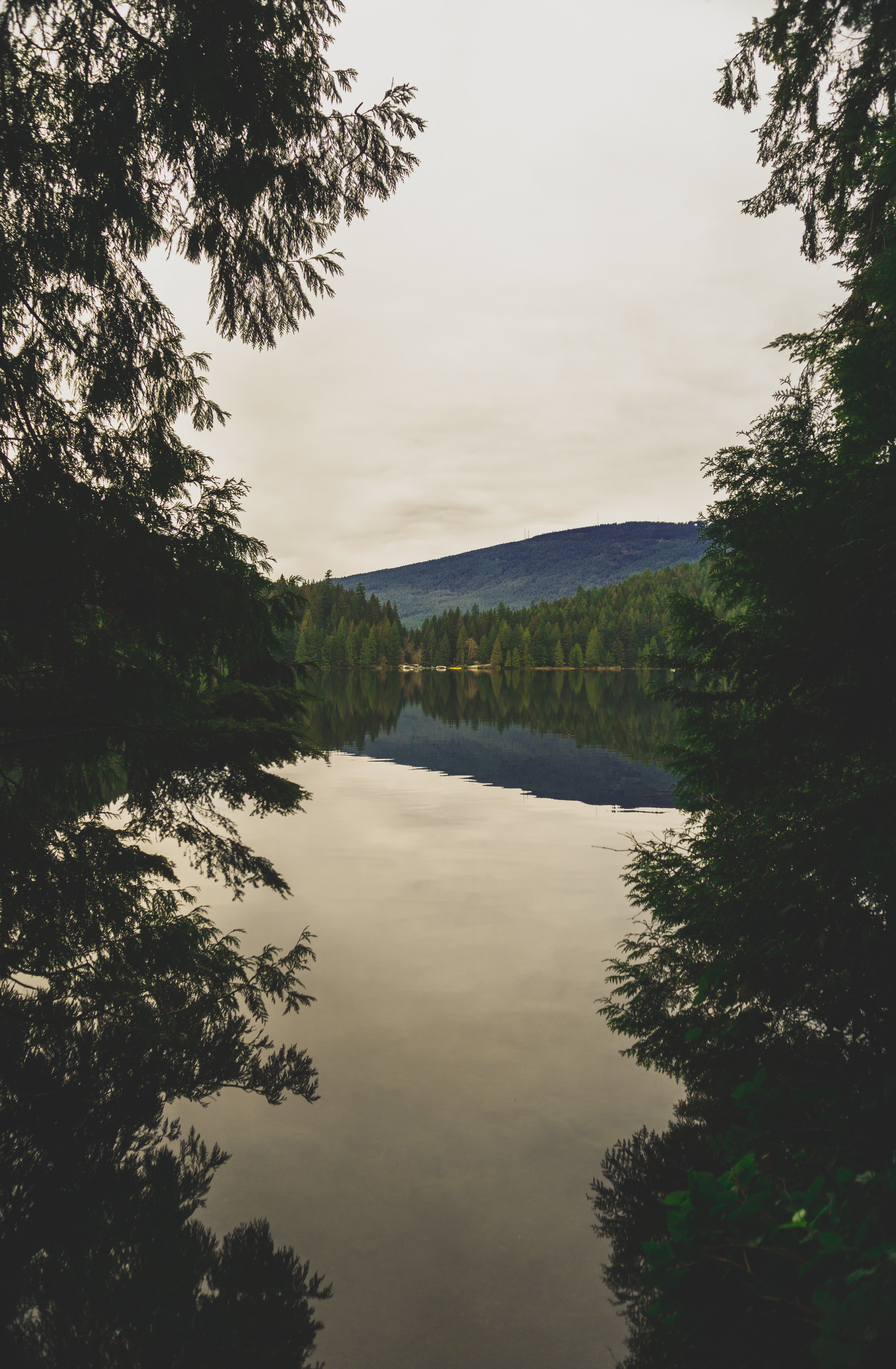 Mountain reflected in the water at Sasamat Lake in Port Moody's Belcarra Regional Park